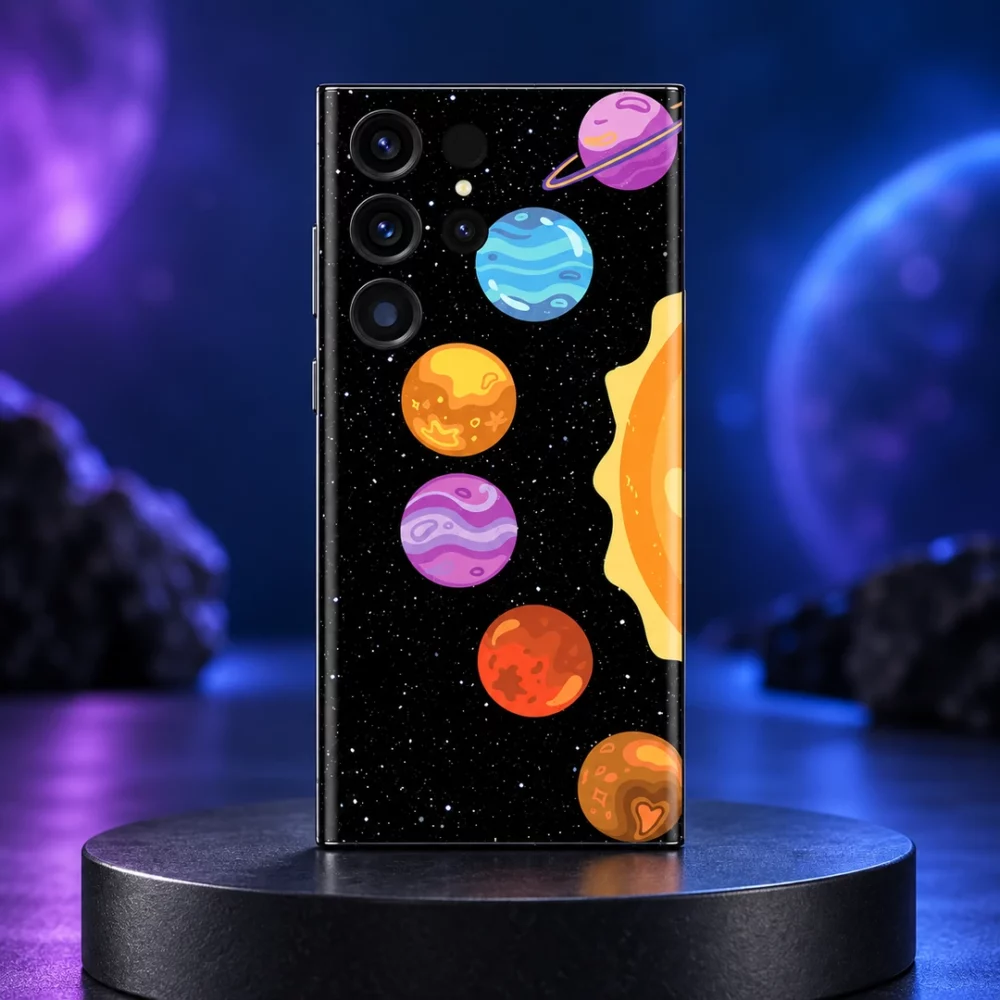 Colourful Planets Mobile Skin upright in a blue and violet studio