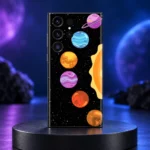Colourful Planets Mobile Skin upright in a blue and violet studio