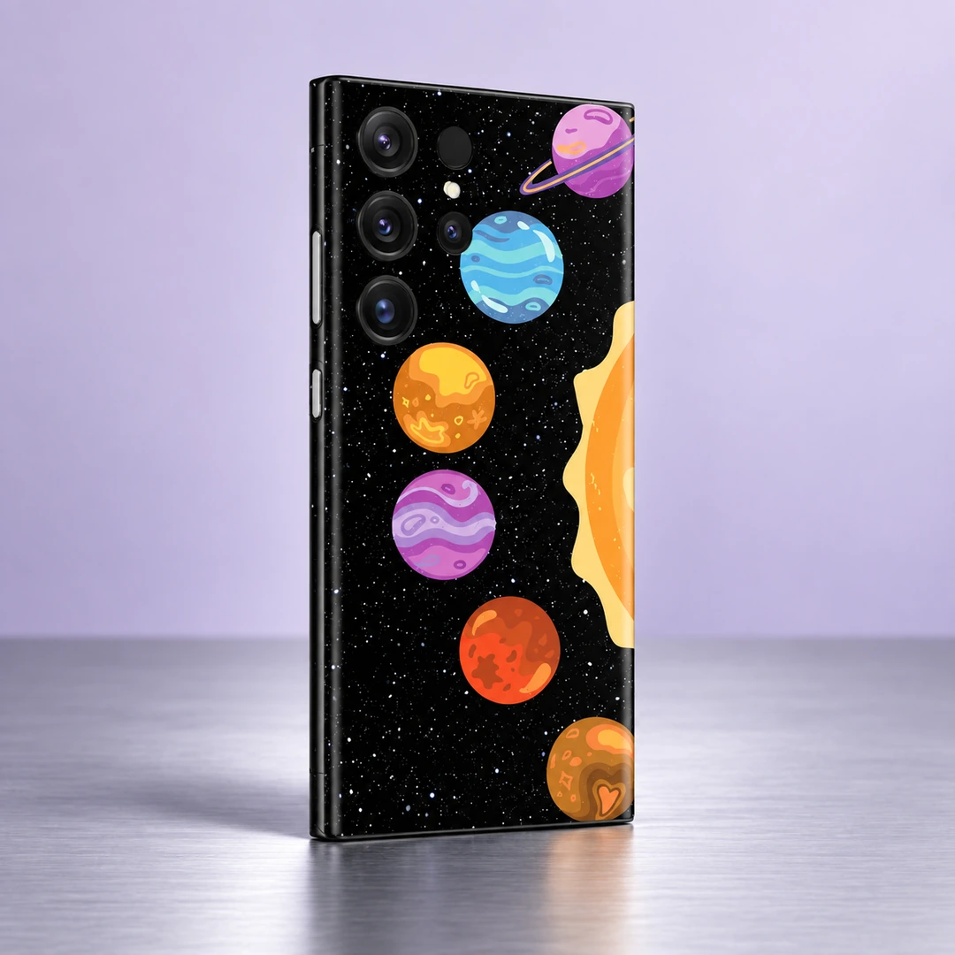 Colourful Planets Mobile Skin - Lavender Studio Colourful Planets Mobile Skin at an angle against a lavender background