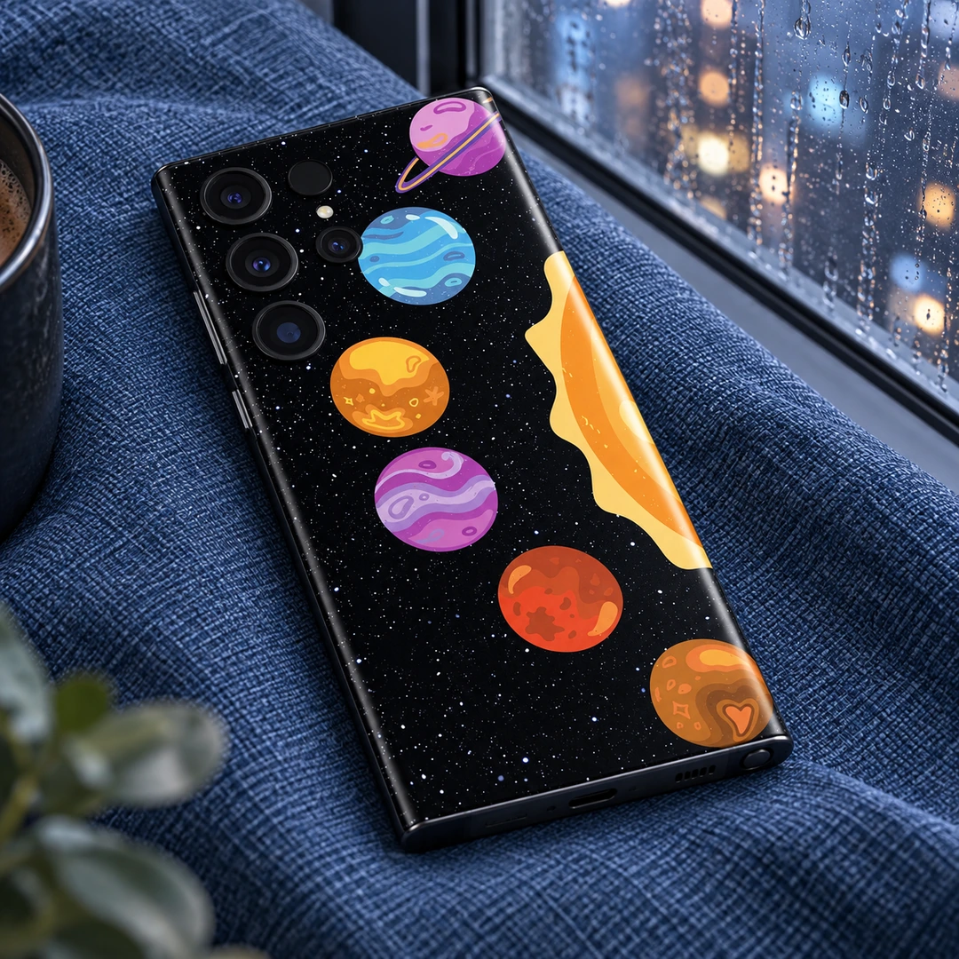 Colourful Planets Mobile Skin - Window Detail Colourful Planets Mobile Skin lying on blue fabric beside a window