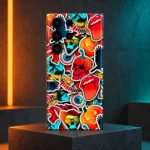 Colourful mobile skin with cartoon skulls, pumpkins and pop art stickers, art studio hero