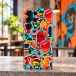 Colourful mobile skin with cartoon skulls, pumpkins and pop art stickers, street art cafe lifestyle