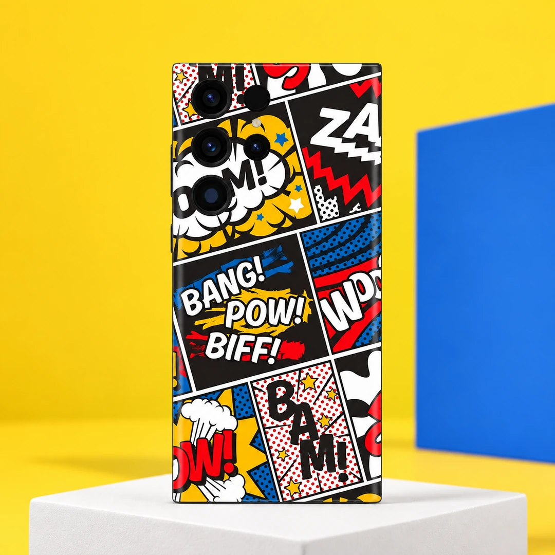 Comic Pop Art Bang Pow Biff Mobile Skin - Yellow Studio Hero Comic pop art mobile skin with BANG POW BIFF lettering and colourful panels, yellow studio hero