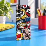 Comic pop art mobile skin with BANG POW BIFF lettering and colourful panels, creative desk angle