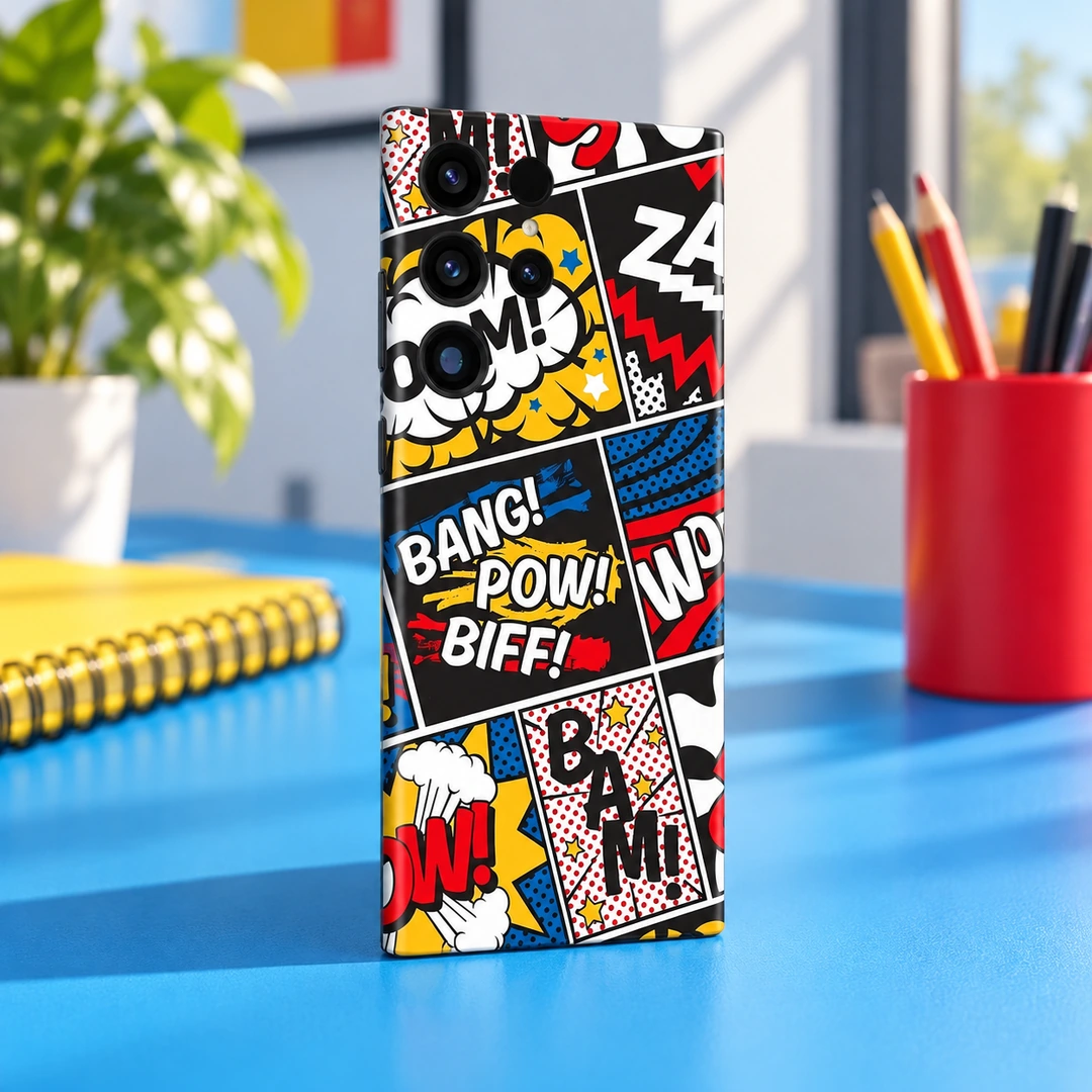 Comic Pop Art Bang Pow Biff Mobile Skin - Creative Desk Angle Comic pop art mobile skin with BANG POW BIFF lettering and colourful panels, creative desk angle