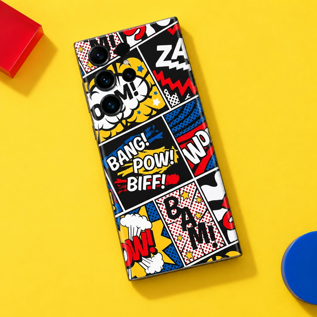 Comic Pop Art Bang Pow Biff Mobile Skin - Yellow Flat Lay Comic pop art mobile skin with BANG POW BIFF lettering and colourful panels, yellow flat lay