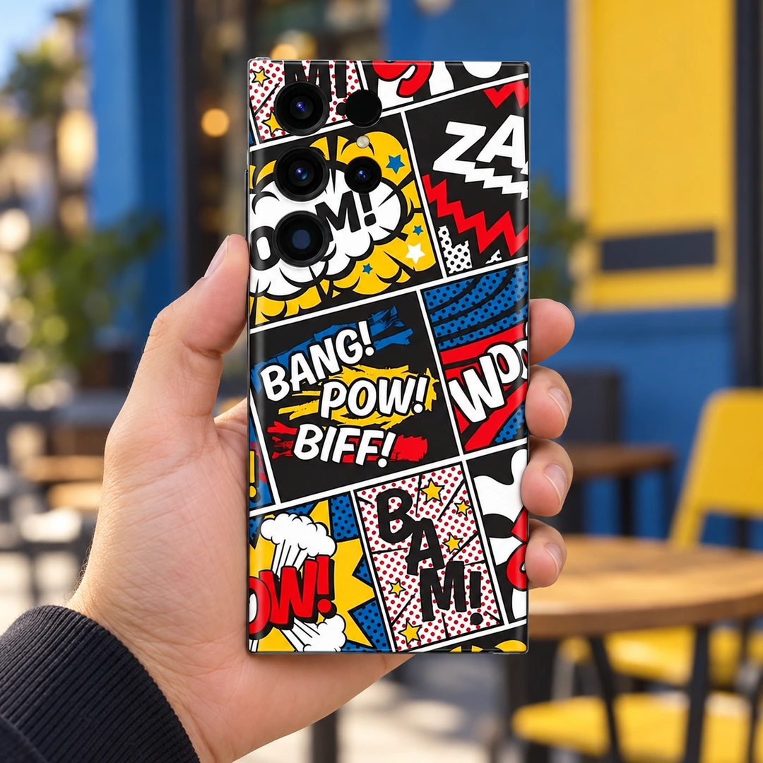 Comic Pop Art Bang Pow Biff Mobile Skin - Cafe Handheld View Comic pop art mobile skin with BANG POW BIFF lettering and colourful panels, cafe handheld view