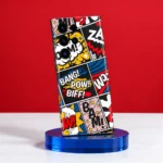 Comic pop art mobile skin with BANG POW BIFF lettering and colourful panels, red studio angle