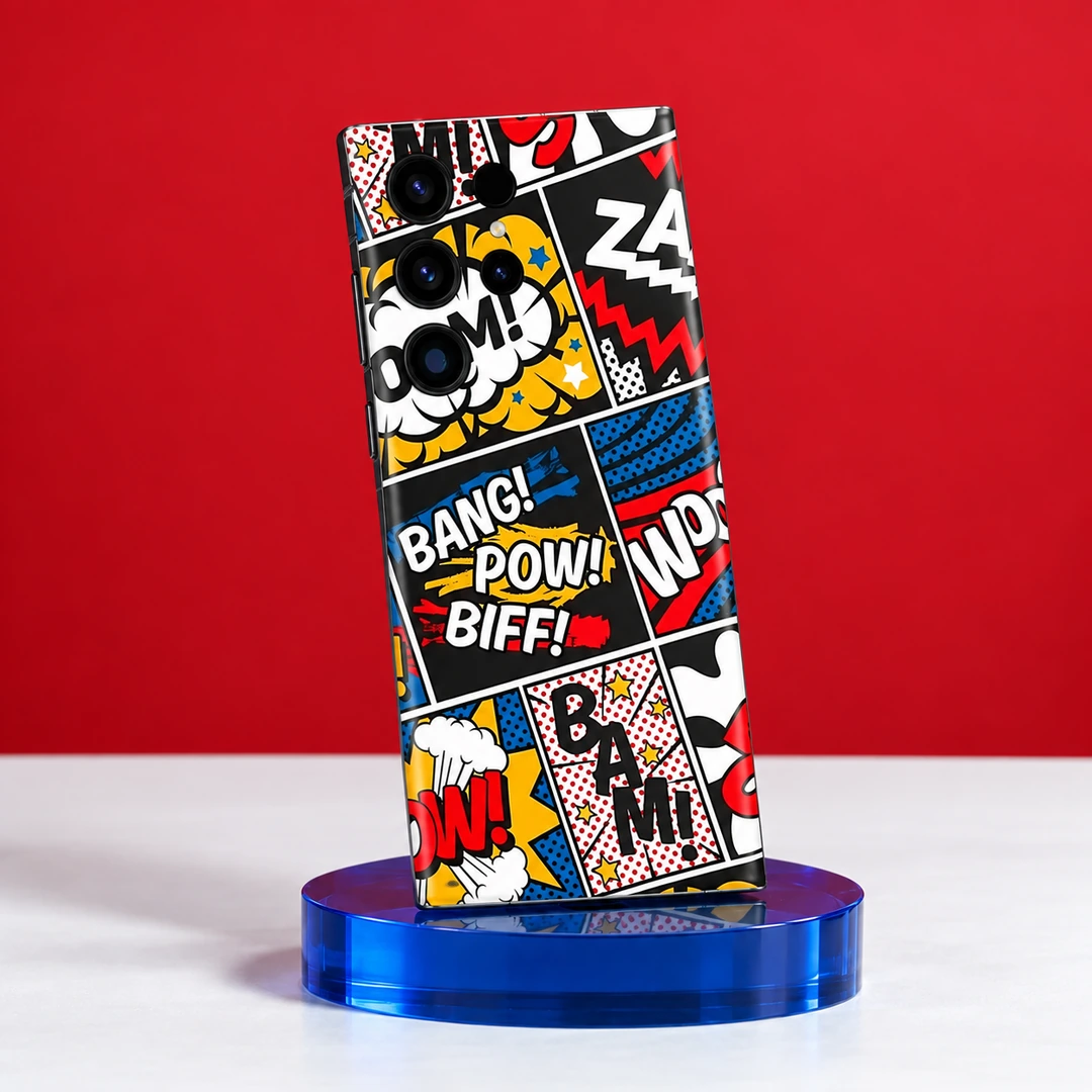 Comic Pop Art Bang Pow Biff Mobile Skin - Red Studio Angle Comic pop art mobile skin with BANG POW BIFF lettering and colourful panels, red studio angle