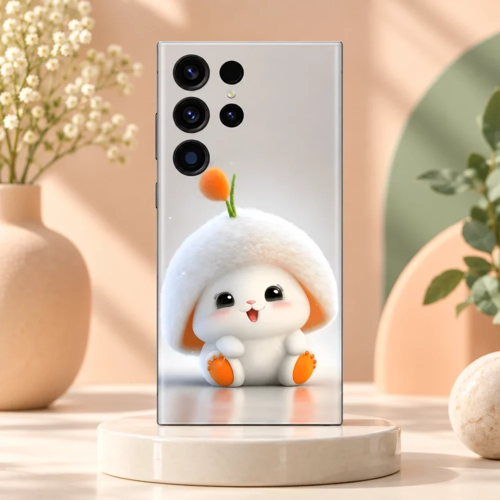 Cute white bunny mobile skin with orange accents, peach studio hero