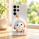 Cute white bunny mobile skin with orange accents, garden cafe lifestyle