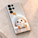 Cute white bunny mobile skin with orange accents, stone detail