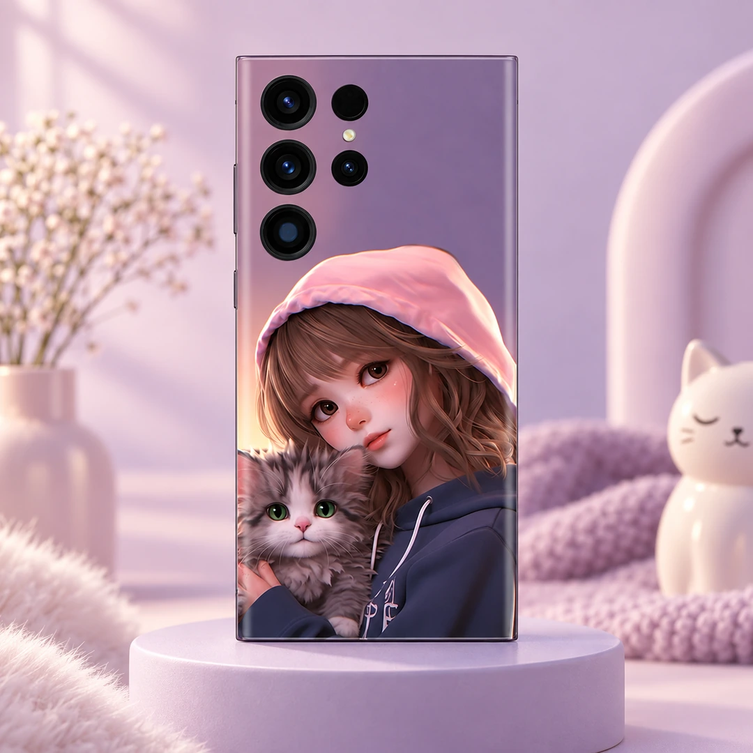 Cute Girl and Cat Pink Hoodie Mobile Skin - Lavender studio hero Cute Girl and Cat Pink Hoodie Mobile Skin, lavender studio hero