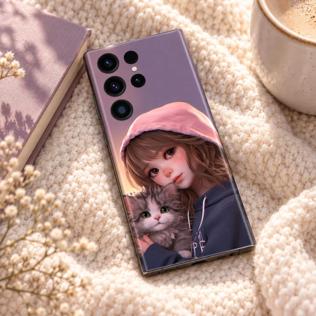 Cute Girl and Cat Pink Hoodie Mobile Skin - Cozy blanket flat lay Cute Girl and Cat Pink Hoodie Mobile Skin, cozy blanket flat lay
