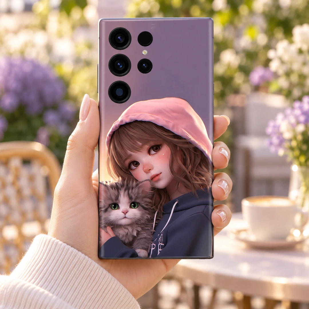 Cute Girl and Cat Pink Hoodie Mobile Skin - Garden cafe handheld view Cute Girl and Cat Pink Hoodie Mobile Skin, garden cafe handheld view