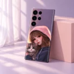 Cute Girl and Cat Pink Hoodie Mobile Skin, blush studio side angle