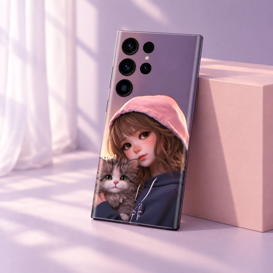 Cute Girl and Cat Pink Hoodie Mobile Skin - Blush studio side angle Cute Girl and Cat Pink Hoodie Mobile Skin, blush studio side angle