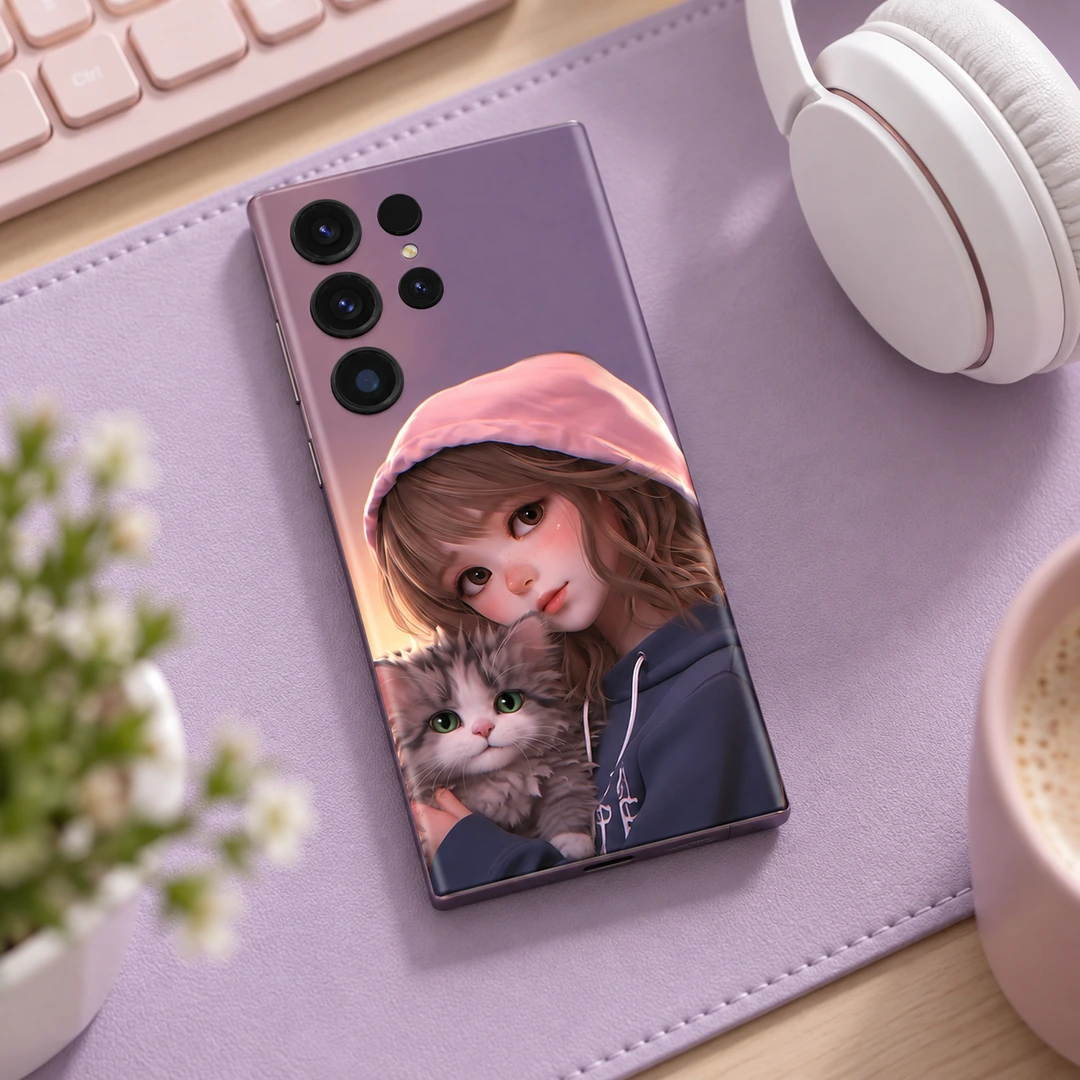 Cute Girl and Cat Pink Hoodie Mobile Skin - Pastel desk view Cute Girl and Cat Pink Hoodie Mobile Skin, pastel desk view