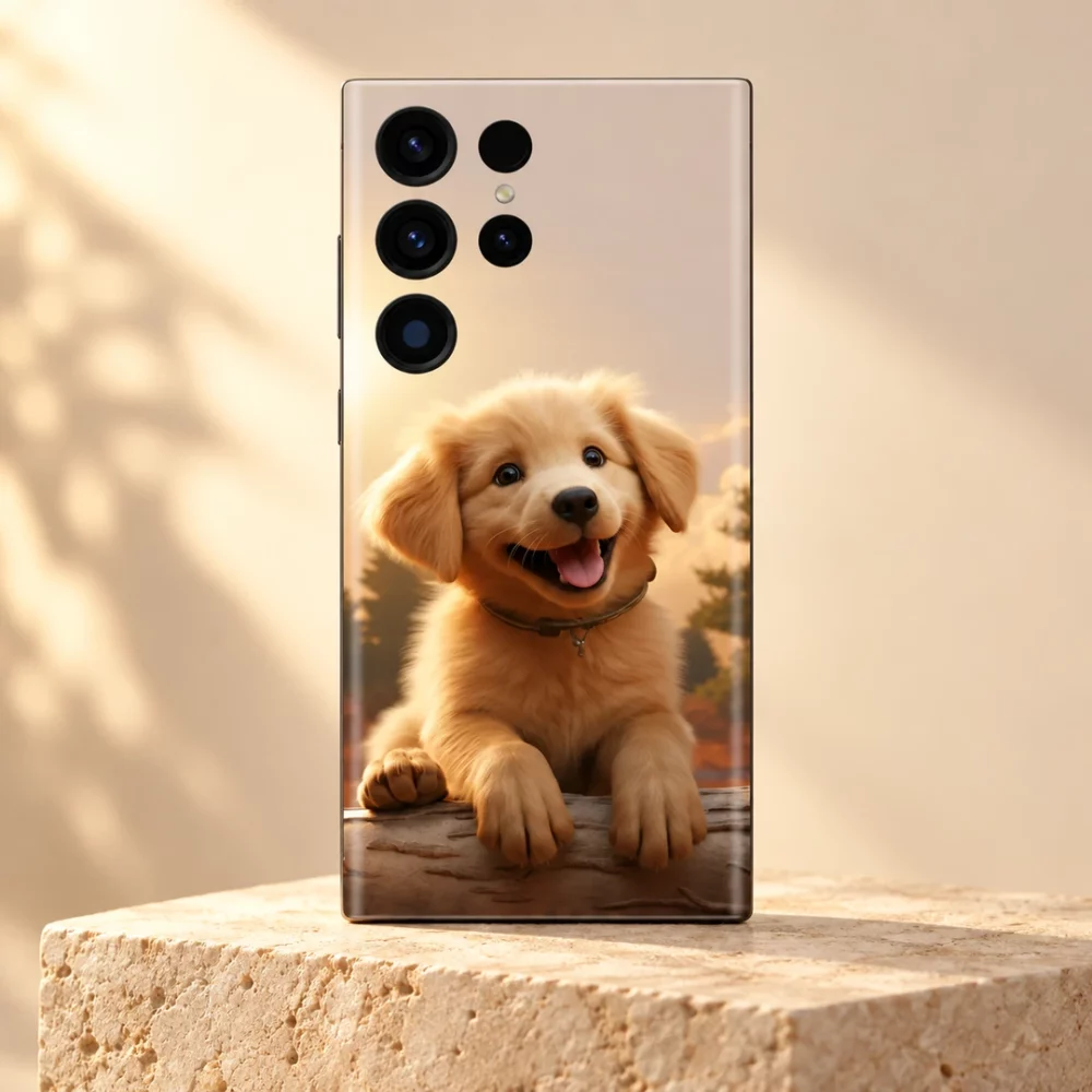 Cute golden puppy mobile skin with smiling dog and paws over a log, warm limestone hero