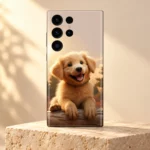 Cute golden puppy mobile skin with smiling dog and paws over a log, warm limestone hero