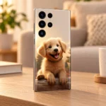 Cute golden puppy mobile skin with smiling dog and paws over a log, cozy home desk angle
