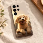 Cute golden puppy mobile skin with smiling dog and paws over a log, oatmeal linen flat lay