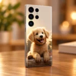 Cute golden puppy mobile skin with smiling dog and paws over a log, honey wood lifestyle view