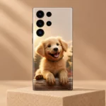 Cute golden puppy mobile skin with smiling dog and paws over a log, sand pedestal view