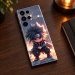Cute Naruto mobile skin with crouching chibi ninja artwork, warm walnut desk