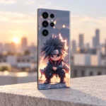 Cute Naruto mobile skin with crouching chibi ninja artwork, sunrise rooftop view