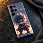 Cute Naruto mobile skin with crouching chibi ninja artwork, dark stone flat lay
