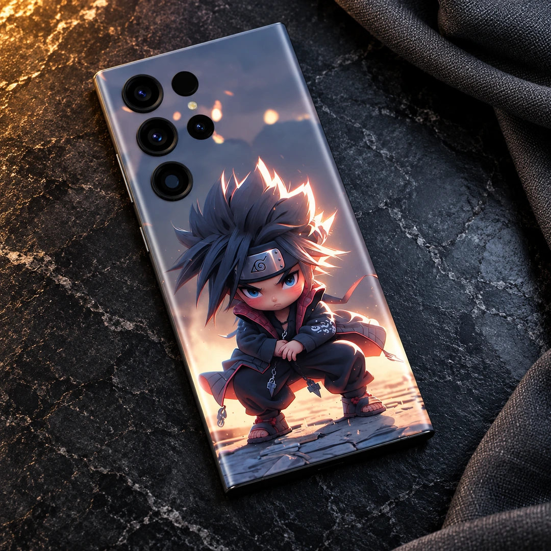 Cute Naruto Mobile Skin - Dark stone flat lay Cute Naruto mobile skin with crouching chibi ninja artwork, dark stone flat lay
