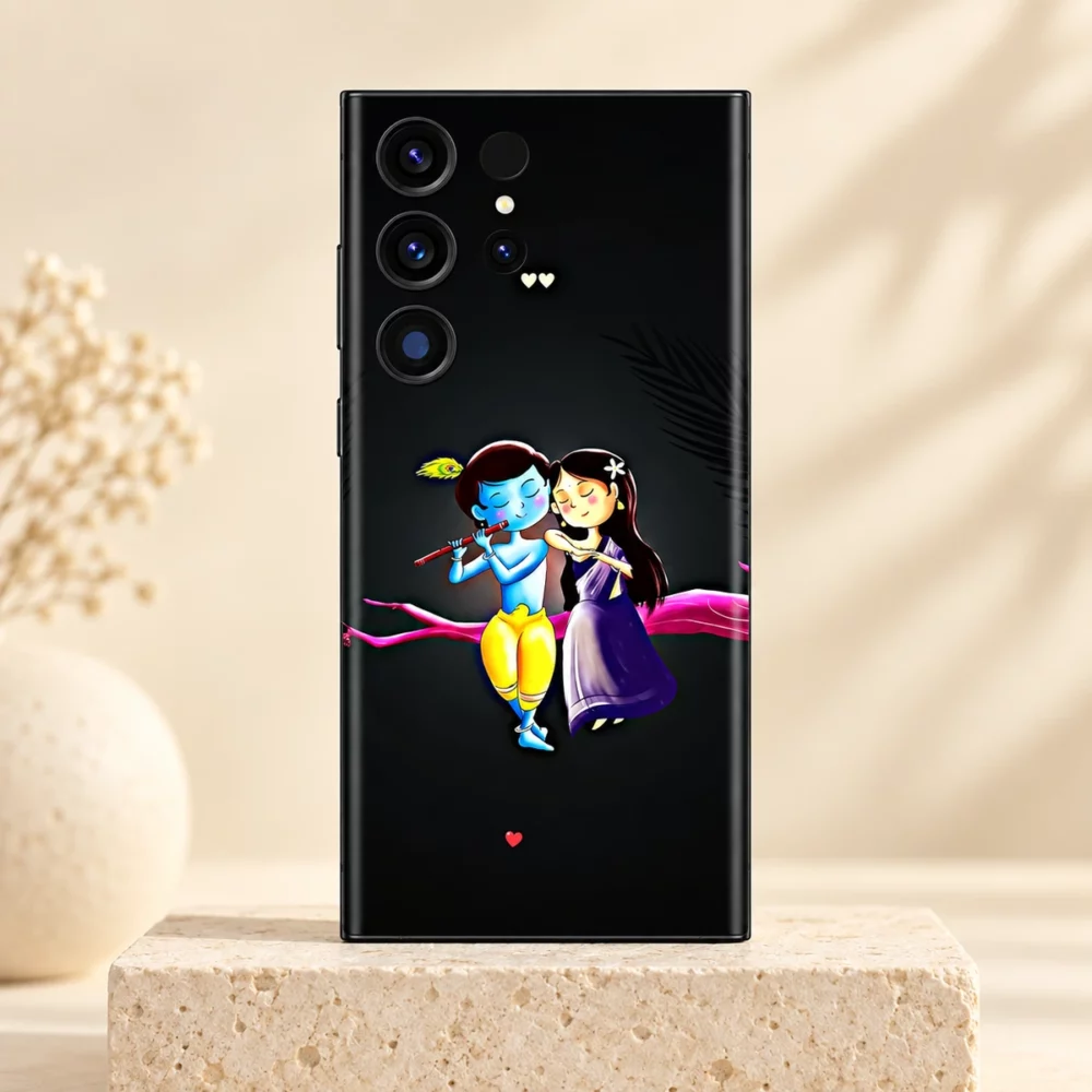 Cute Radha Krishna pink branch mobile skin upright on an ivory stone plinth