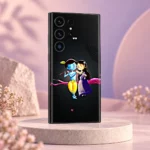 Cute Radha Krishna black mobile skin in a blush and lavender studio setting