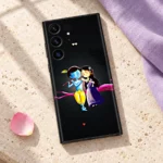 Radha Krishna pink branch mobile skin styled with lilac linen on travertine