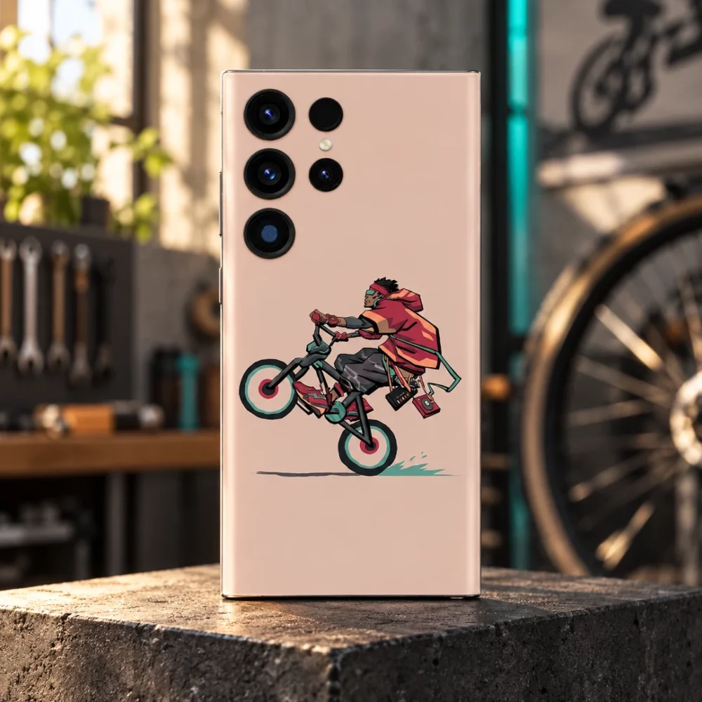 Peach Cyclist Wheelie Minimal Mobile Skin with red hoodie rider, urban cycling workshop hero