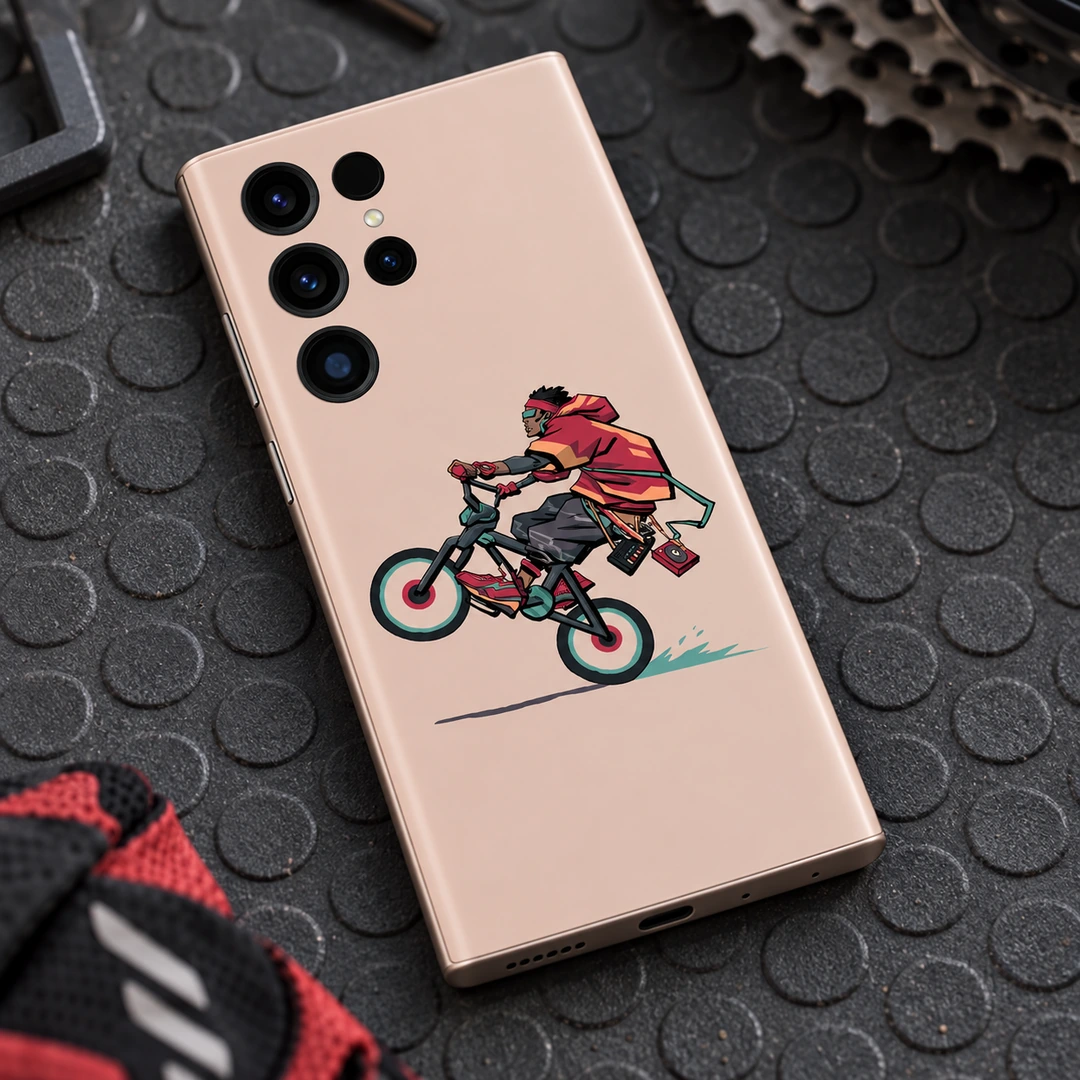 Cyclist Wheelie Minimal Mobile Skin – Workshop angle Peach Cyclist Wheelie Minimal Mobile Skin with red hoodie rider, workshop angle