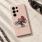 Peach Cyclist Wheelie Minimal Mobile Skin with red hoodie rider, cycling flat lay