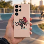 Peach Cyclist Wheelie Minimal Mobile Skin with red hoodie rider, outdoor handheld view