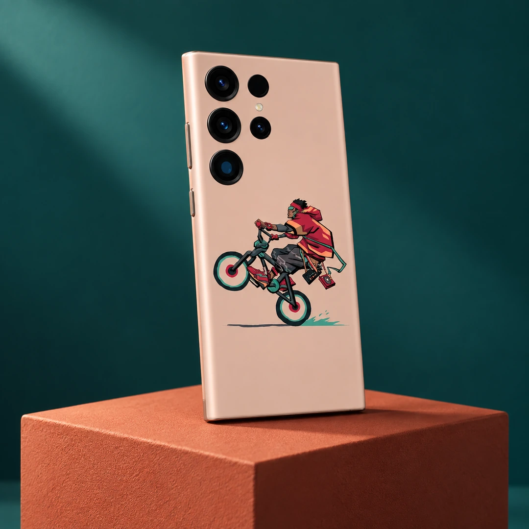 Cyclist Wheelie Minimal Mobile Skin – Teal studio view Peach Cyclist Wheelie Minimal Mobile Skin with red hoodie rider, teal studio view