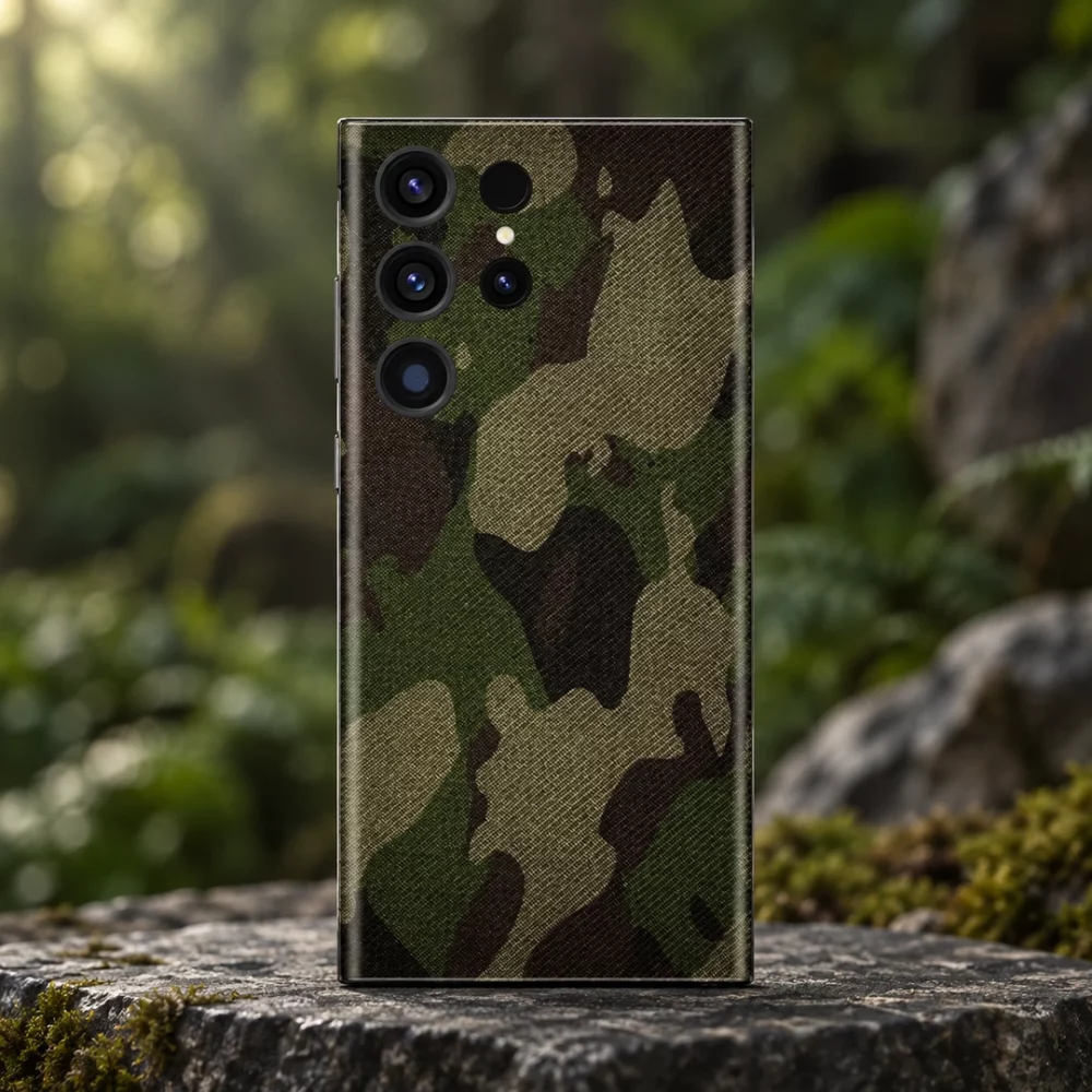 Dark Army Pattern Mobile Skin in olive, khaki, brown and black camouflage, forest stone hero