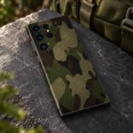 Dark Army Pattern Mobile Skin in olive, khaki, brown and black camouflage, outdoor gear angle