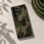 Dark Army Pattern Mobile Skin in olive, khaki, brown and black camouflage, adventure flat lay