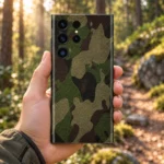 Dark Army Pattern Mobile Skin in olive, khaki, brown and black camouflage, forest handheld view