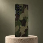 Dark Army Pattern Mobile Skin in olive, khaki, brown and black camouflage, minimal studio view