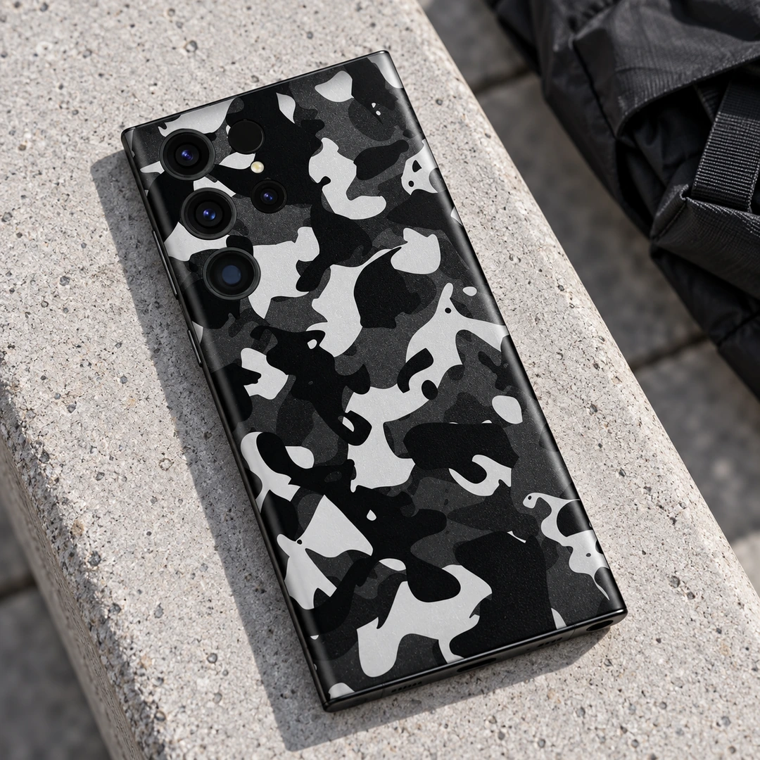 Dark Camouflage Mobile Skin - Urban Concrete Flat Lay Black and grey camouflage mobile skin, urban concrete flat lay