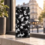 Black and grey camouflage mobile skin, city cafe lifestyle
