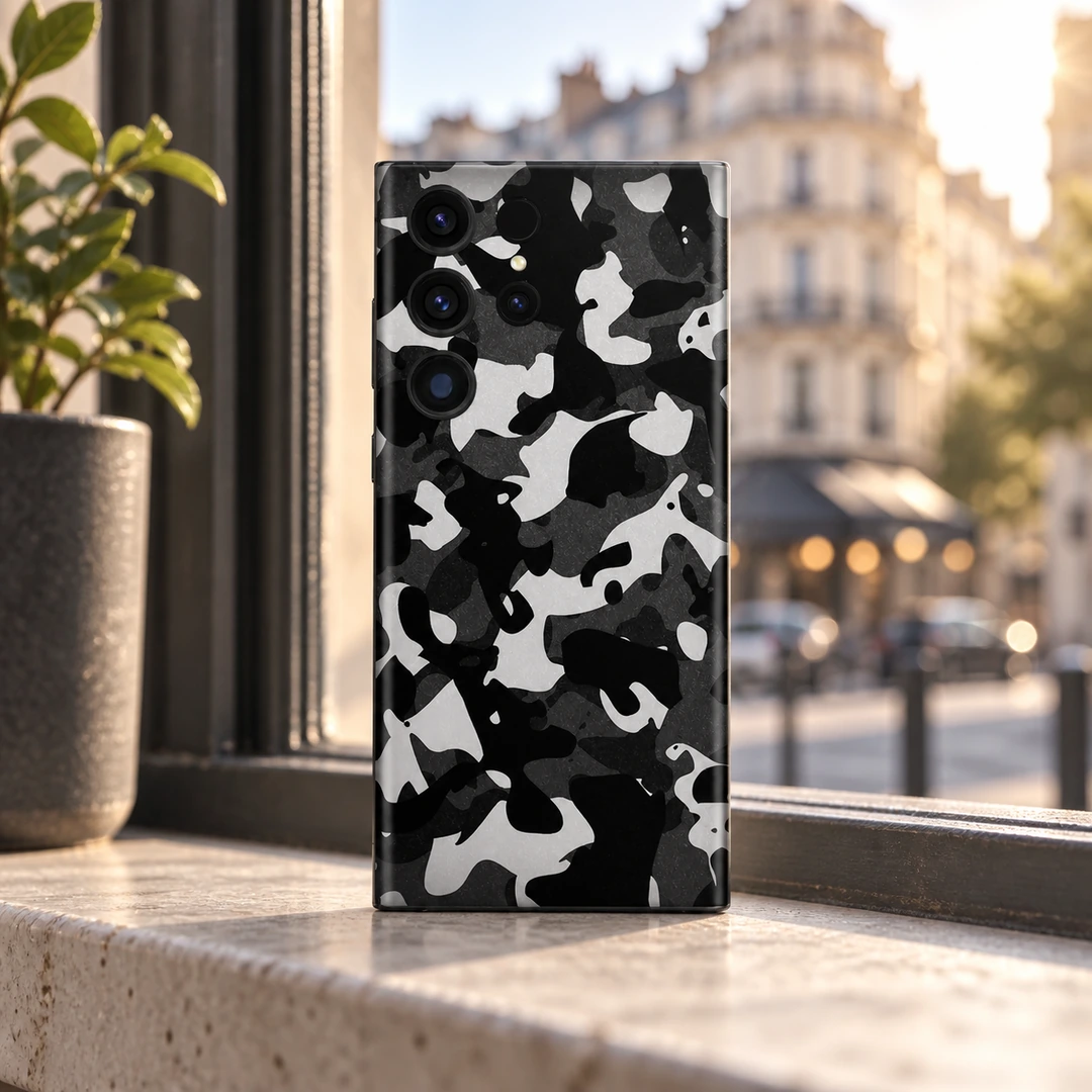 Dark Camouflage Mobile Skin - City Cafe Lifestyle Black and grey camouflage mobile skin, city cafe lifestyle