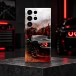 Dodge Demon mobile skin with a black muscle car, red headlights and autumn forest, automotive studio hero
