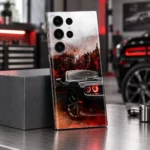 Dodge Demon mobile skin with a black muscle car, red headlights and autumn forest, workshop angle